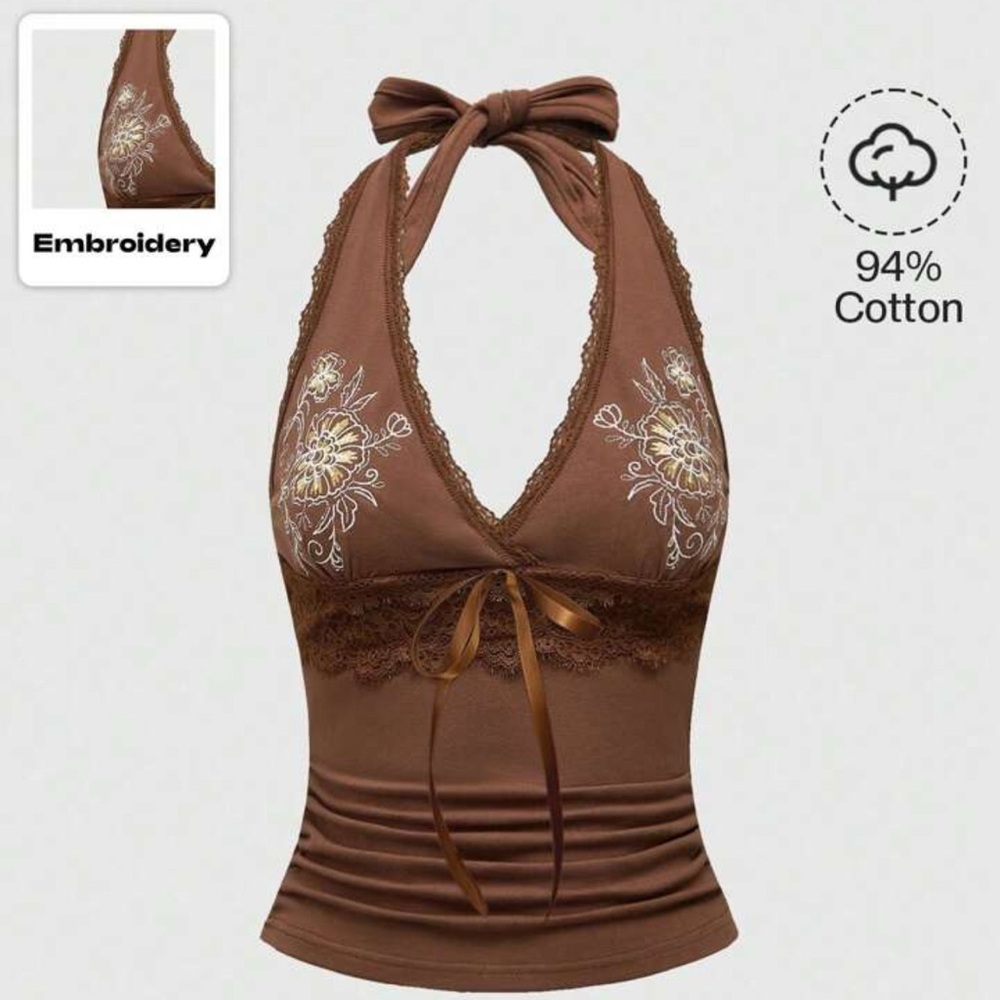 ROMWE Hippie Women's Summer Floral Print Contrast Lace Halter Neck Tie Top